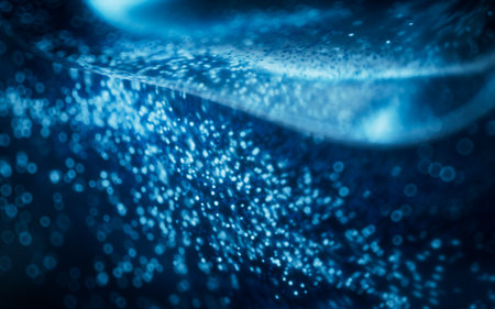 Blue glowing particles in glass geometry, 3d rendering. 3D illustration.