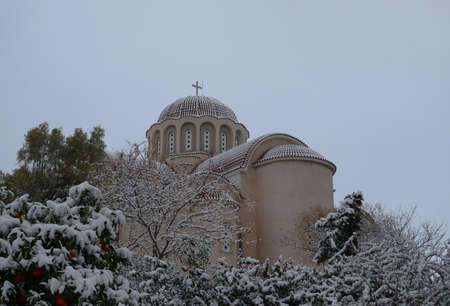 Athens, Greece - January 10 2017: A majestic church covered with snowのeditorial素材