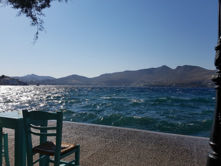 View of the sea from the terrace of a restaurant in Leros, Greeceの写真素材