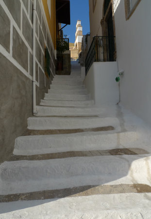 White stairs in the town of Agia Marina, Leros island, Greeceの写真素材