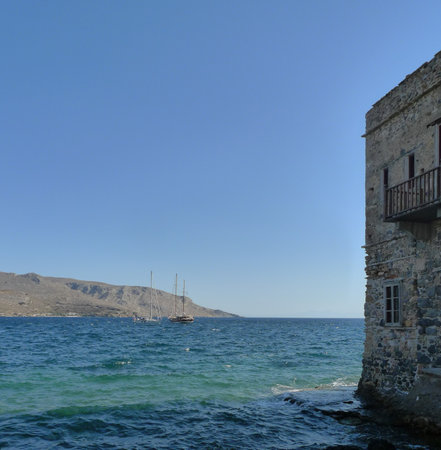 Coast of the island of Leros, Greece. View from the sea.の写真素材