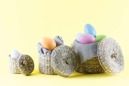 easter eggs in rustic basketの写真素材