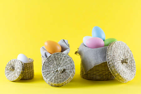 easter eggs in rustic basketの写真素材