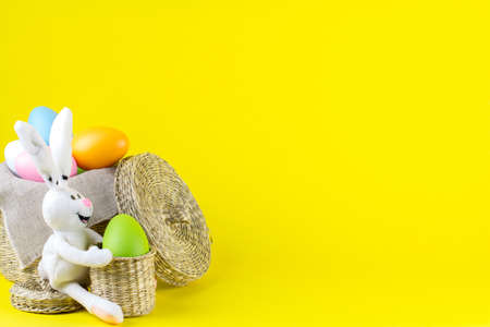 easter eggs in rustic basketの写真素材