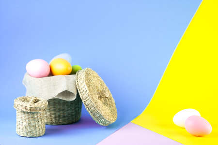 easter eggs in rustic basketの写真素材