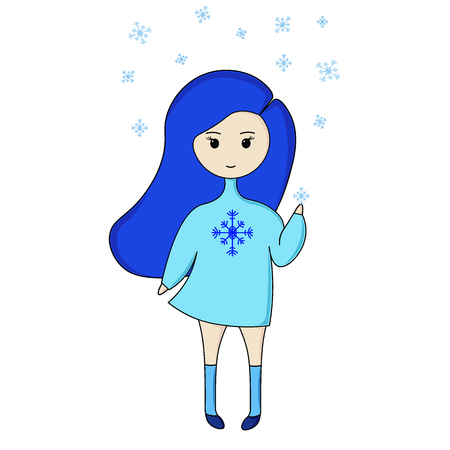 Fun cartoon Blue girl. Pretty sweet doll with snowflakes.のイラスト素材
