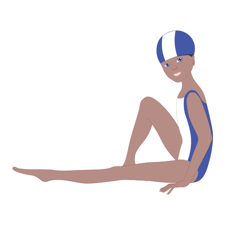 Girl swimmer sitting in a swimsuit and swimming cap. Teenage girl smiling sweet, charming, beautiful.のイラスト素材