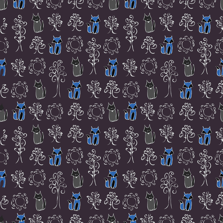 Background cartoon cute animals. The Fox and the wolf among the trees. Abstract forest, the animals and the sun.のイラスト素材