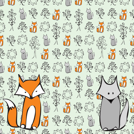 Background cartoon cute animals. The Fox and the wolf among the trees. Abstract forest, the animals and the sun.のイラスト素材