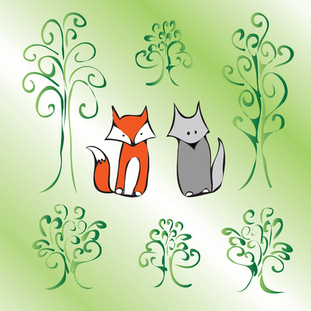 Green cartoon cute animals. The Fox and the wolf among the trees. Abstract forest, the animals and the sun.のイラスト素材