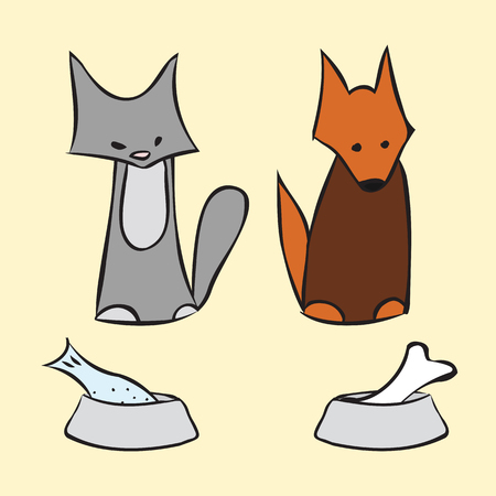 Abstract cat and dog. Pets and bowls of food. Kitten and the puppy and bowl with fish and boneのイラスト素材