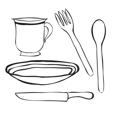 Tableware cartoon . A simple spoon, a plate, fork, knife and Cup. Table setting contours.のイラスト素材