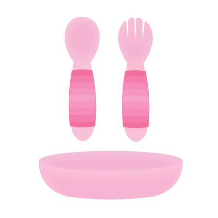 Children's dining items. Cutlery for kid. Fork, spoon and plate for baby girlのイラスト素材