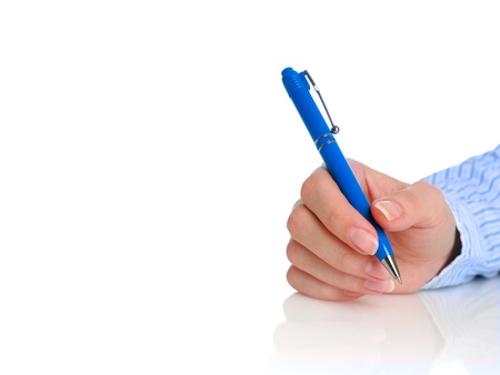 Close up of human hand with blue pen.の写真素材