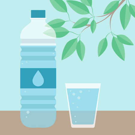 Drinking water. Glass, bottle and branch with leaves. Vector illustration.のイラスト素材