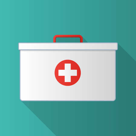 First aid kit. White box isolated on blue-green background. Vector illustration.のイラスト素材