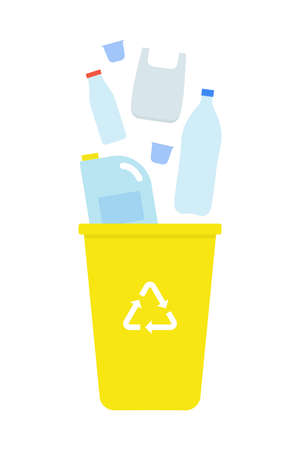 Recycling plastic waste concept. Yellow trash bin with plastic packaging and bottles. Isolated on white background. Vector illustration.のイラスト素材
