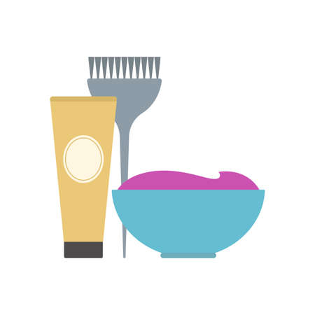 Hair coloring tools. Hairdresser equipment. Hair dye, bowl and brush. Isolated on white background. Vector illustration.のイラスト素材