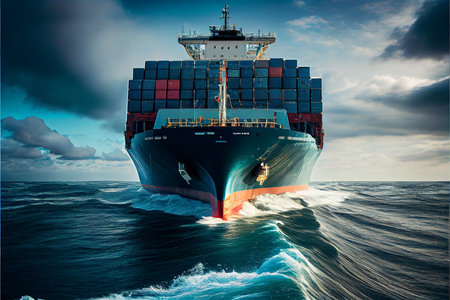 A loaded container cargo ship is seen in the front as it speeds over the ocean. Generative AIの素材
