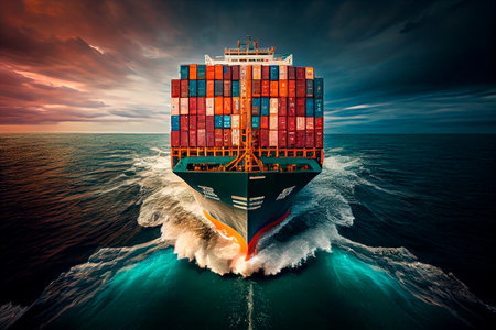 A loaded container cargo ship is seen in the front as it speeds over the ocean. Generative AIの素材