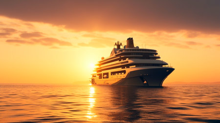 A luxury mega yacht with golden glass in the ocean at a sunset. Generative AI illustratorの素材