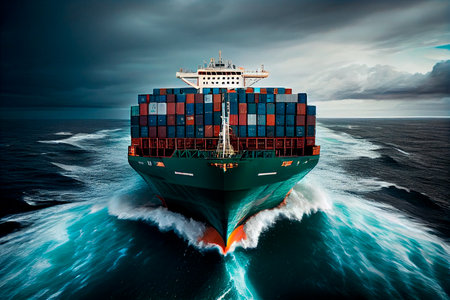 A loaded container cargo ship is seen in the front as it speeds over the ocean. Generative AIの素材