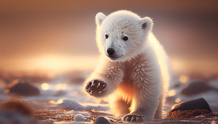 A Majestic of a Polar Bear Cub Playing on the Arctic Tundra. Generative Ai technologyの素材