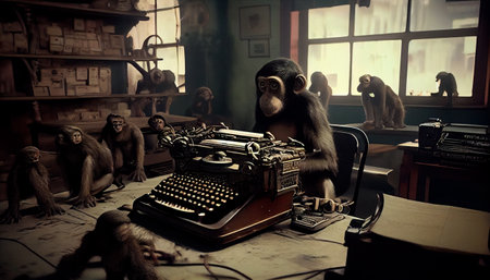 A lot of monkeys with lot of typewriters in small room. Generative AI illustrationの素材