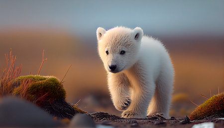 A Majestic of a Polar Bear Cub Playing on the Arctic Tundra. Generative Ai technologyの素材