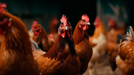 Many chickens are looking at the camera. Generative AI illustratorの素材