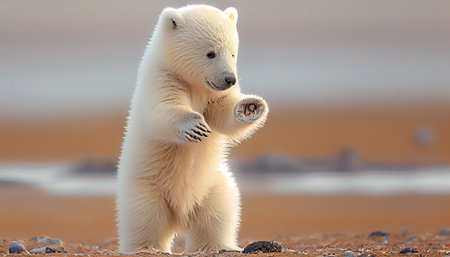 A Majestic of a Polar Bear Cub Playing on the Arctic Tundra. Generative Ai technologyの素材