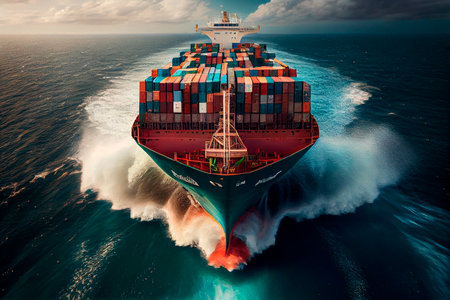 A loaded container cargo ship is seen in the front as it speeds over the ocean. Generative AIの素材