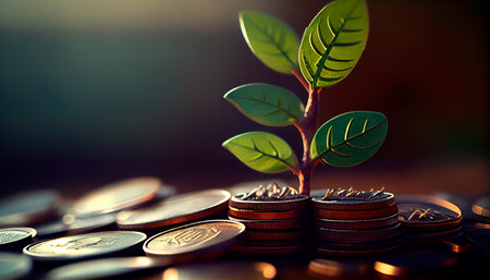 A row of stacks of coins with a plant growing out of them. Tree leaf on save money coins, Business finance saving banking investment concept. Generative AIの素材