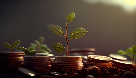 A row of stacks of coins with a plant growing out of them. Tree leaf on save money coins, Business finance saving banking investment concept. Generative AI illustrationの素材