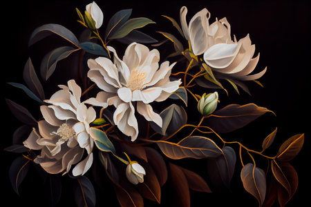 A painting of white flowers on a black background. Generative aiの素材