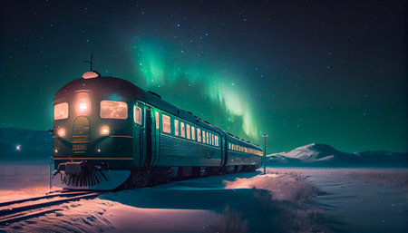 A passenger train rides in the arctic north in the snow against a backdrop of glowing northern lights at night, stars in the sky. Generative AI technologyの素材