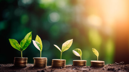 A row of stacks of coins with a plant growing out of them. Tree leaf on save money coins, Business finance saving banking investment concept. Generative AI illustrationの素材