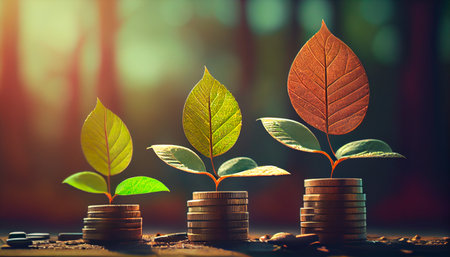 A row of stacks of coins with a plant growing out of them. Tree leaf on save money coins, Business finance saving banking investment concept. Generative AIの素材