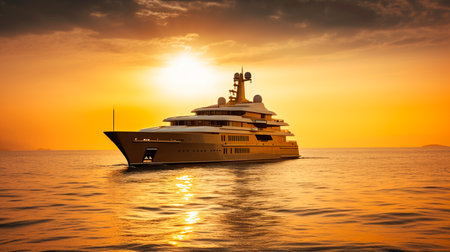 A luxury mega yacht with golden glass in the ocean at a sunset. Generative AI illustratorの素材