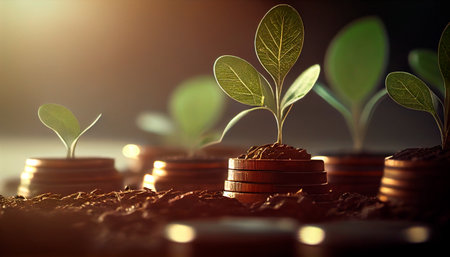 A row of stacks of coins with a plant growing out of them. Tree leaf on save money coins, Business finance saving banking investment concept. Generative AI illustrationの素材