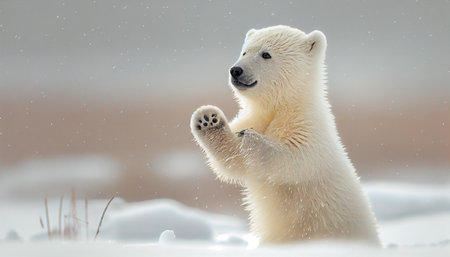 A Majestic of a Polar Bear Cub Playing on the Arctic Tundra. Generative Ai technologyの素材