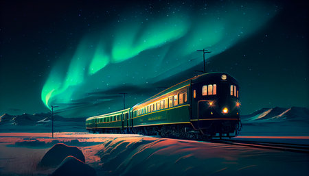 A passenger train rides in the arctic north in the snow against a backdrop of glowing northern lights at night, stars in the sky. Generative AI technologyの素材