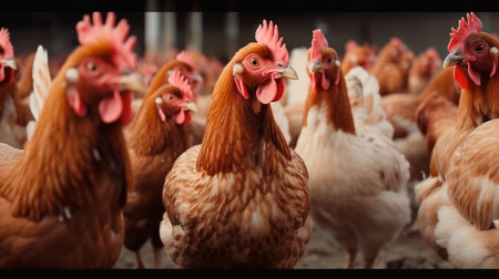 Many chickens are looking at the camera. Generative AI illustratorの素材