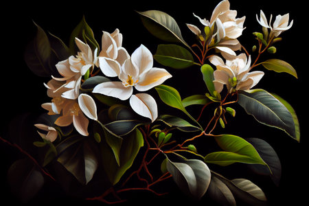 A painting of white flowers on a black background. Generative aiの素材