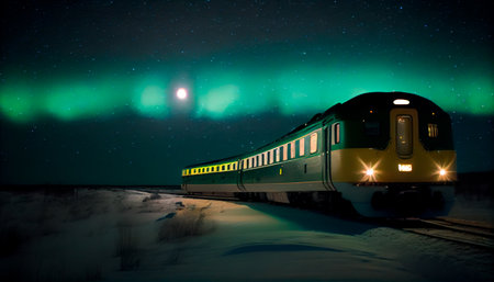 A passenger train rides in the arctic north in the snow against a backdrop of glowing northern lights at night, stars in the sky. Generative AI technologyの素材