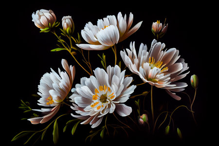 A painting of white flowers on a black background. Generative aiの素材