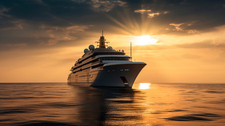 A luxury mega yacht with golden glass in the ocean at a sunset. Generative AI illustratorの素材