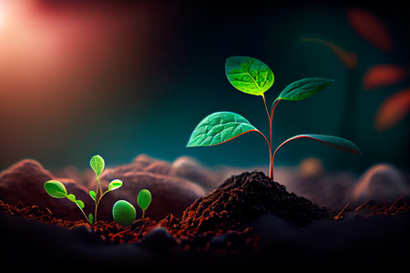 A scene of farming and plant growth is set against a green, blurry backdrop. sprouting from seed and developing into a seedling. Generative aiの素材