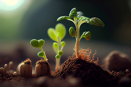 A scene of farming and plant growth is set against a green, blurry backdrop. sprouting from seed and developing into a seedling. Generative aiの素材