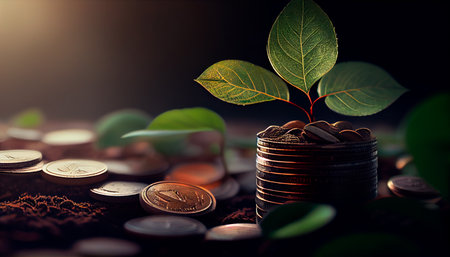 a row of stacks of coins with a plant growing out of them. Tree leaf on save money coins, Business finance saving banking investment concept. Generative AI illustratorの素材